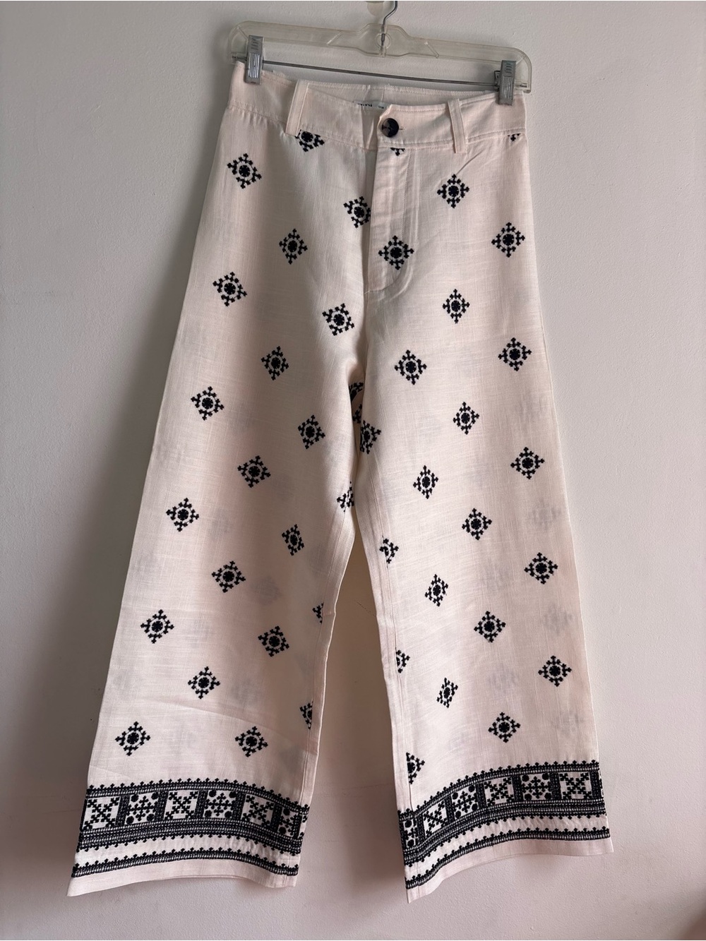 Zara Cream Wide-Leg Chinos with Black Embroidered Prints